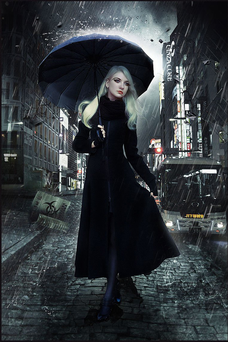 “PS合成雨夜在街上行走的吸血鬼效果图”