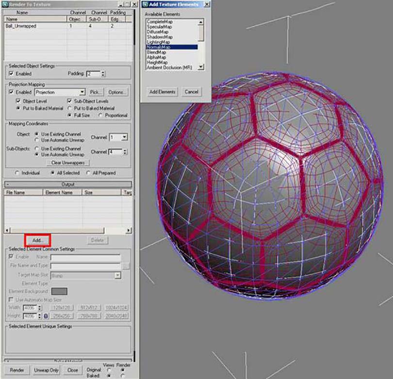 3DsMAX足球贴图具体的制作步骤之在渲染到纹理框中选择NormalsMap